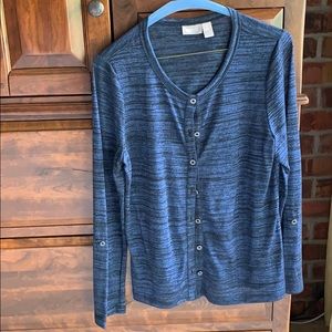 Chico’s blue and black cardigan.